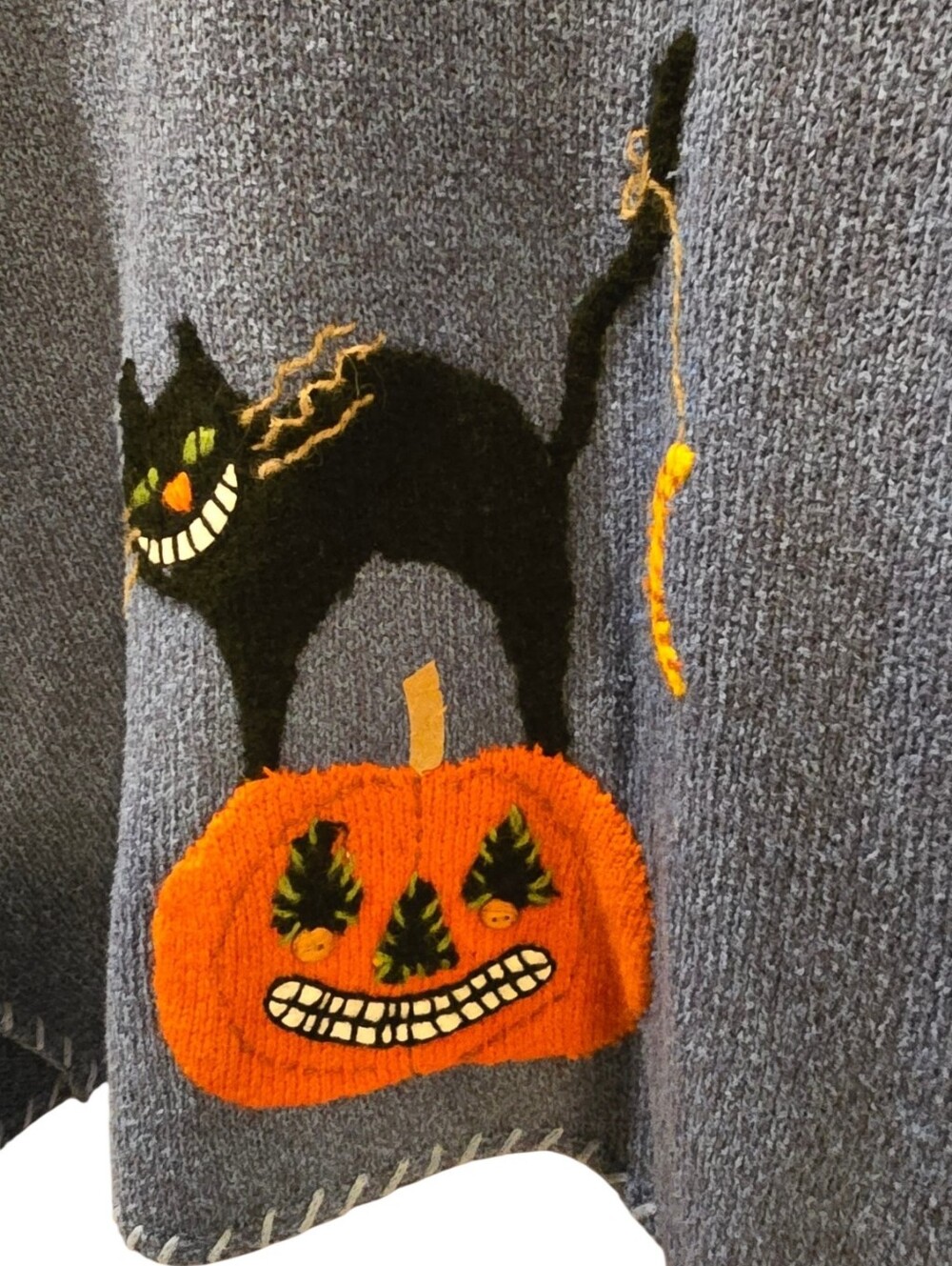 Y2K Vintage Northern Isles Halloween Black Cat Pumpkin Embroidered Blue Sweater - Picture 3 of 11